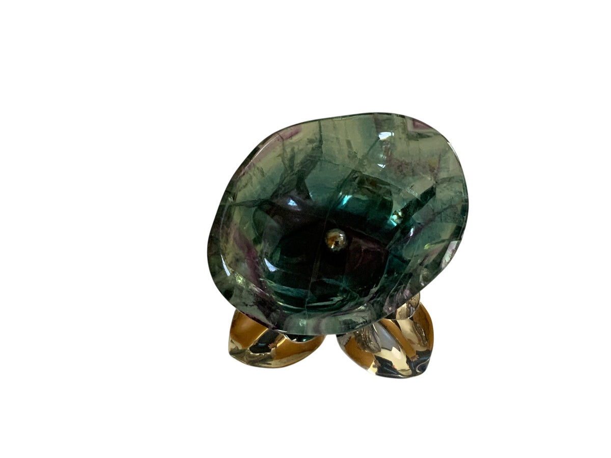 Vintage Gabriele De Vecchi Milano Sterling Silver & Carved Rainbow Fluorite Flower Bowl Centerpiece Signed 665 MI Made in Italy 1970-1989