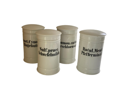 Antique Complete Cohesive Set of 4 Hertel, Jacob & Co White Porcelain Apothecary Jars w/Lids Made in Germany 1913-1920
