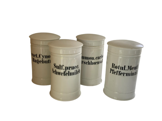 Antique Complete Cohesive Set of 4 Hertel, Jacob & Co White Porcelain Apothecary Jars w/Lids Made in Germany 1913-1920