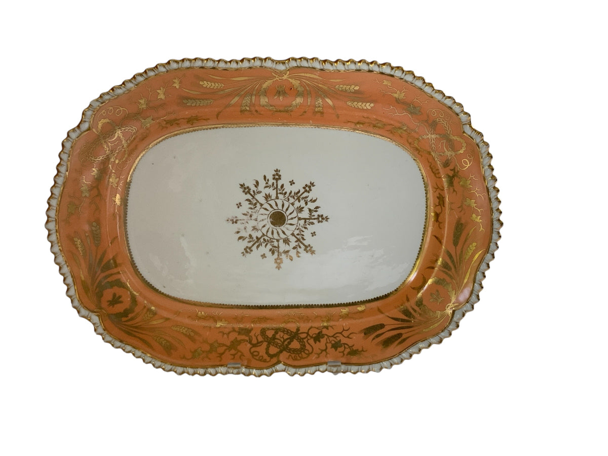 Antique John Davenport Tangerine Orange Gold Gilt 16" Oval Serving Platter Made in England 1810-1830