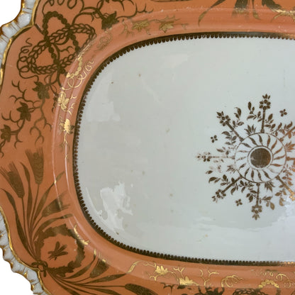 Antique John Davenport Tangerine Orange Gold Gilt 16" Oval Serving Platter Made in England 1810-1830