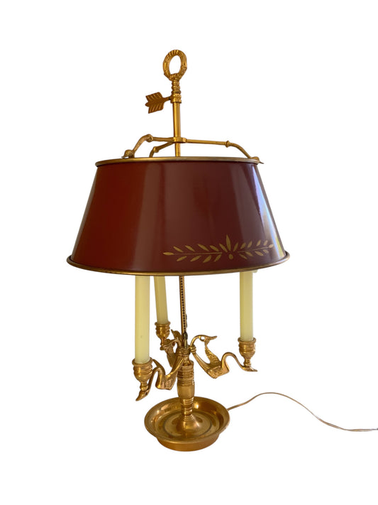 Vintage Wildwood French Empire Candlestick Bouillotte Bronze Table Lamp Triple Swans 25.5" Made in 1980s