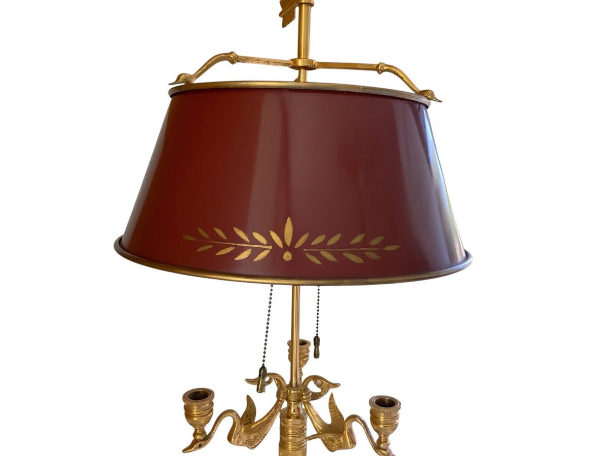 Vintage Wildwood French Empire Candlestick Bouillotte Bronze Table Lamp Triple Swans 25.5" Made in 1980s