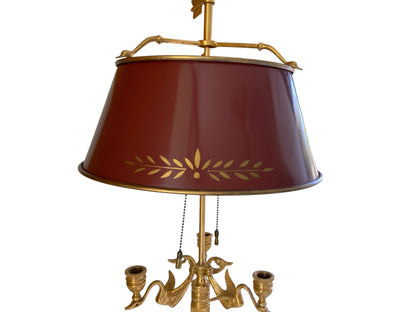 Vintage Wildwood French Empire Candlestick Bouillotte Bronze Table Lamp Triple Swans 25.5" Made in 1980s