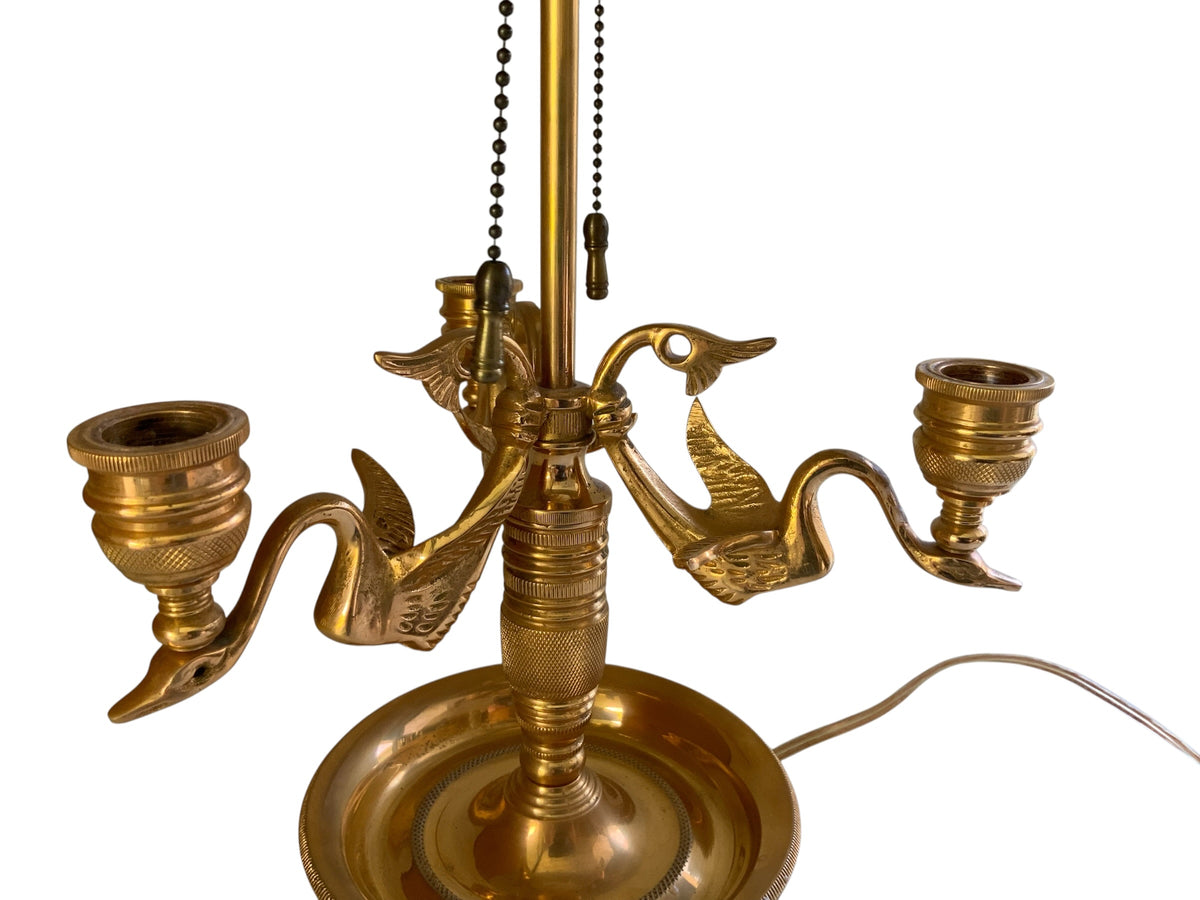 Vintage Wildwood French Empire Candlestick Bouillotte Bronze Table Lamp Triple Swans 25.5" Made in 1980s