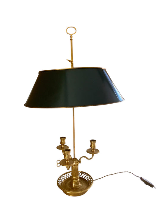 Vintage French Large Louis XVI Bronze Three-Arm Candlestick Bouillotte Lamp Tole Shade