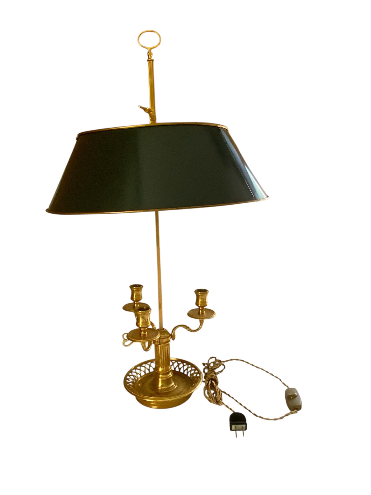 Vintage French Large Louis XVI Bronze Three-Arm Candlestick Bouillotte Lamp Tole Shade