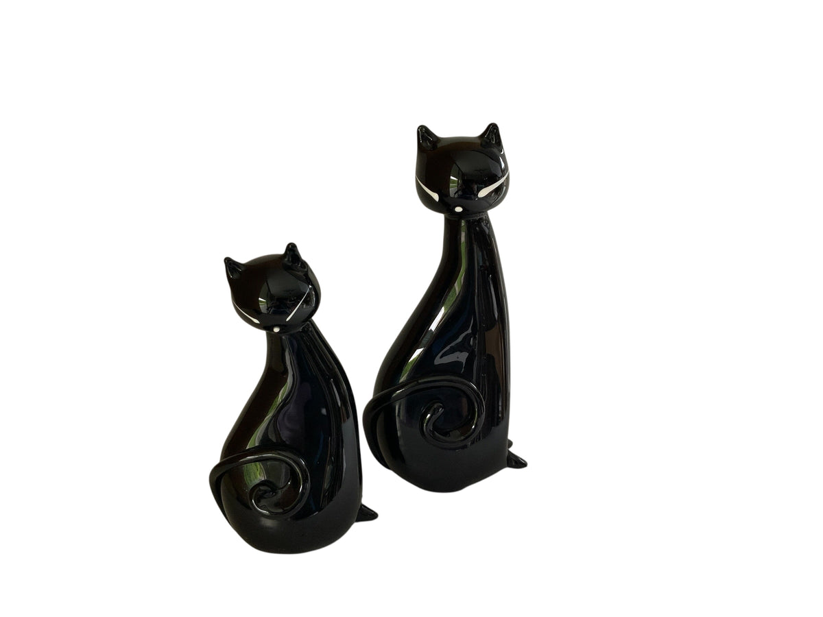 Vintage MCM Nesting Pair Murano Glass Black Cat Family Figurines Made in Italy 1940s-1950s