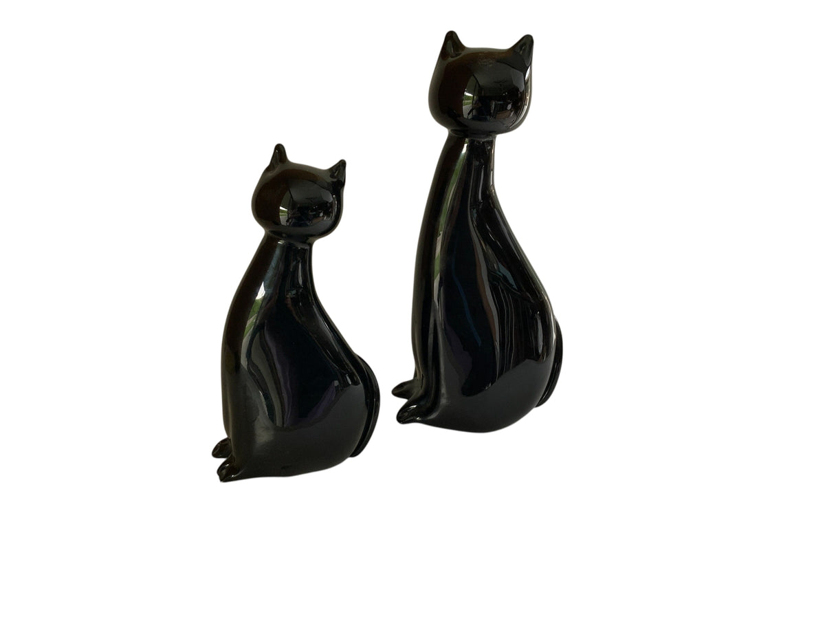 Vintage MCM Nesting Pair Murano Glass Black Cat Family Figurines Made in Italy 1940s-1950s