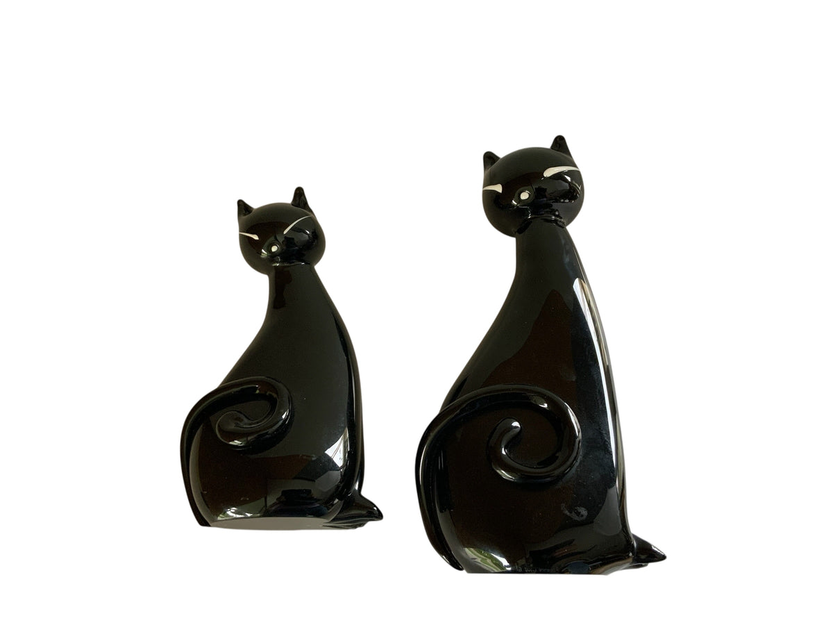 Vintage MCM Nesting Pair Murano Glass Black Cat Family Figurines Made in Italy 1940s-1950s