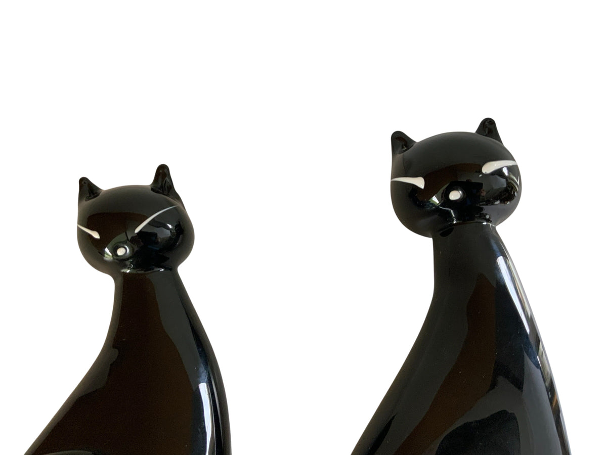 Vintage MCM Nesting Pair Murano Glass Black Cat Family Figurines Made in Italy 1940s-1950s