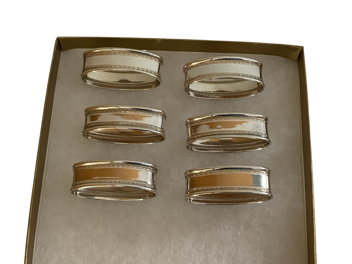 Vintage Set of 6 Ari D. Norman Sterling Silver Oval Greek Key Napkin Rings Made in England 1991