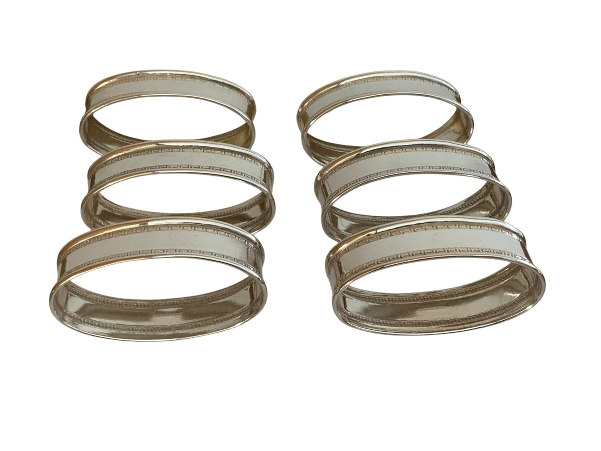 Vintage Set of 6 Ari D. Norman Sterling Silver Oval Greek Key Napkin Rings Made in England 1991