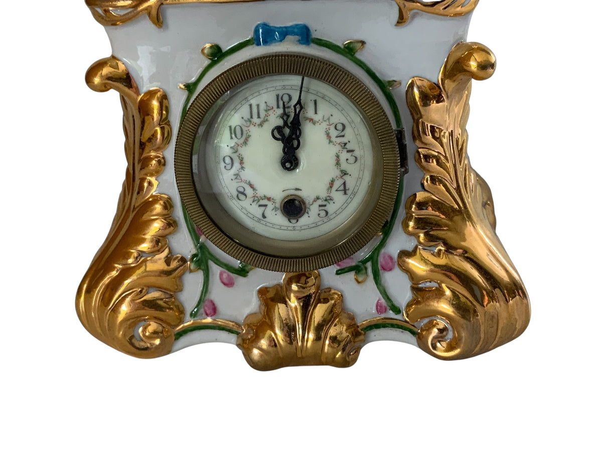 Antique Carl Thieme Dresden Porcelain Mantel Clock Figural Pastoral Woman Lamb Germany 1890s-1900s