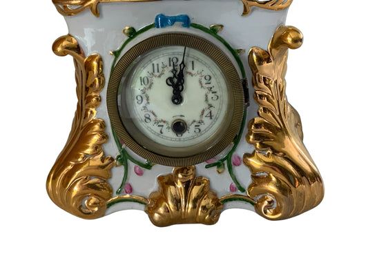 Antique Carl Thieme Dresden Porcelain Mantel Clock Figural Pastoral Woman Lamb Germany 1890s-1900s