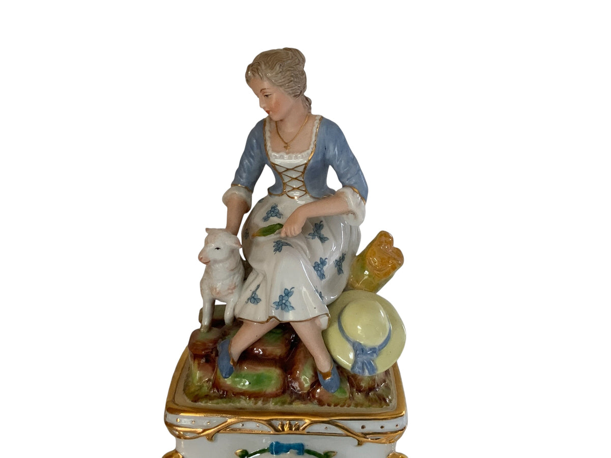 Antique Carl Thieme Dresden Porcelain Mantel Clock Figural Pastoral Woman Lamb Germany 1890s-1900s