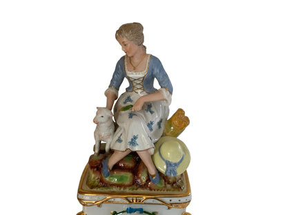 Antique Carl Thieme Dresden Porcelain Mantel Clock Figural Pastoral Woman Lamb Germany 1890s-1900s