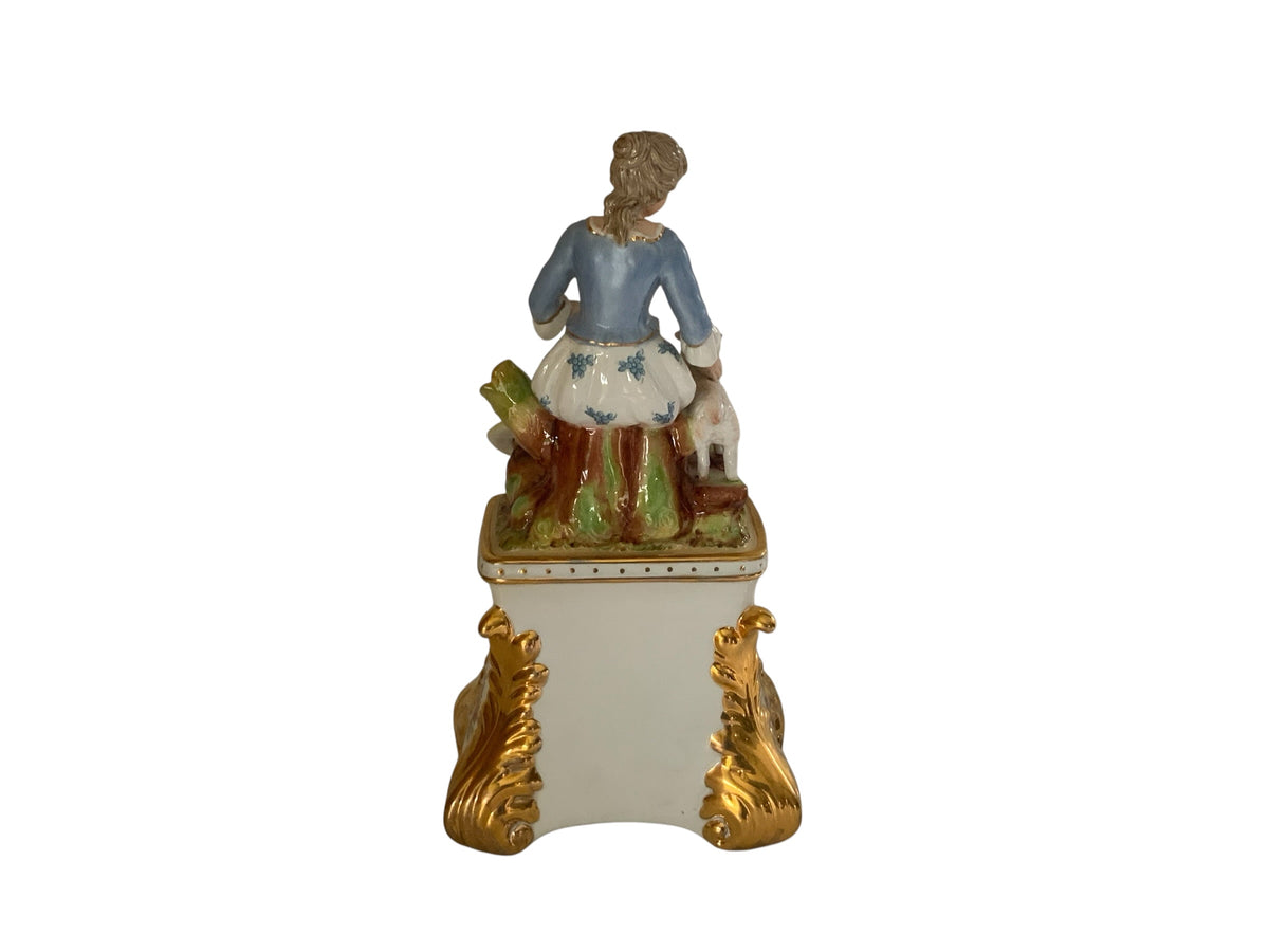 Antique Carl Thieme Dresden Porcelain Mantel Clock Figural Pastoral Woman Lamb Germany 1890s-1900s