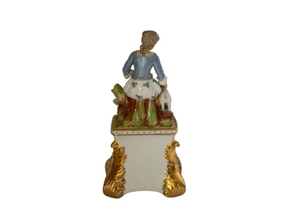 Antique Carl Thieme Dresden Porcelain Mantel Clock Figural Pastoral Woman Lamb Germany 1890s-1900s