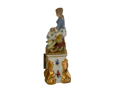 Antique Carl Thieme Dresden Porcelain Mantel Clock Figural Pastoral Woman Lamb Germany 1890s-1900s