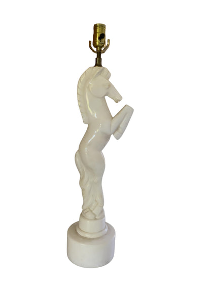 Vintage MCM Italian Alabaster Horse Table Lamp Base Hand Carved Rearing Knight Model 477 Original Sticker