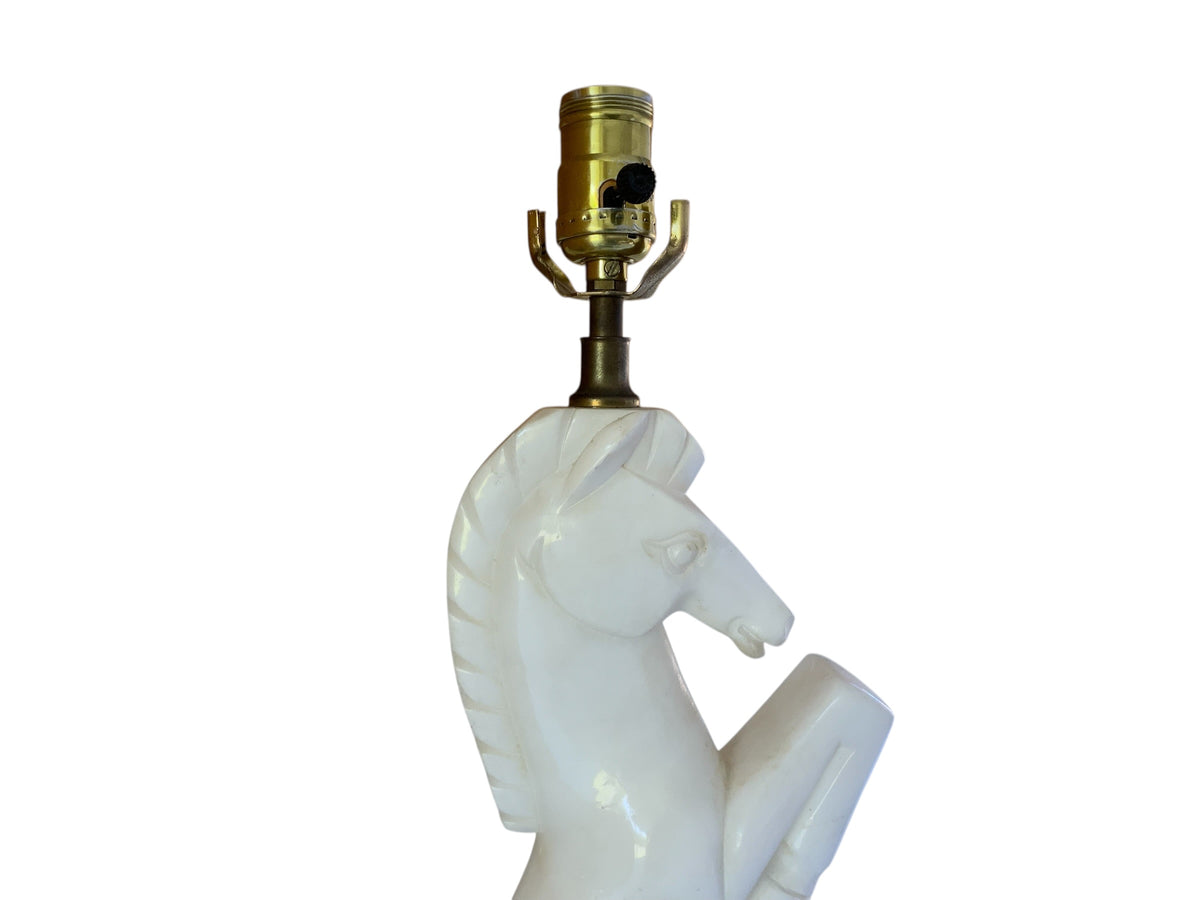 Vintage MCM Italian Alabaster Horse Table Lamp Base Hand Carved Rearing Knight Model 477 Original Sticker