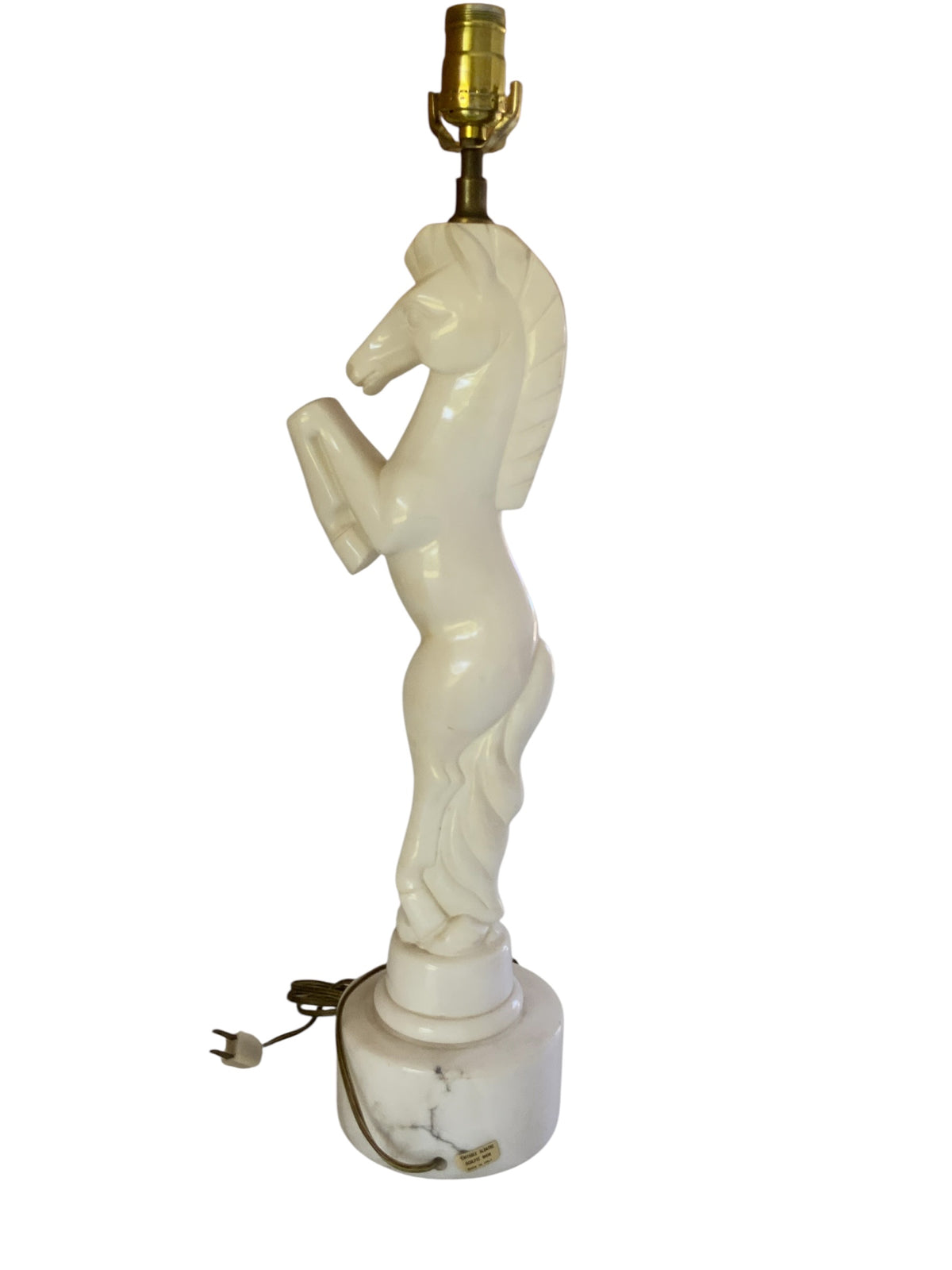 Vintage MCM Italian Alabaster Horse Table Lamp Base Hand Carved Rearing Knight Model 477 Original Sticker