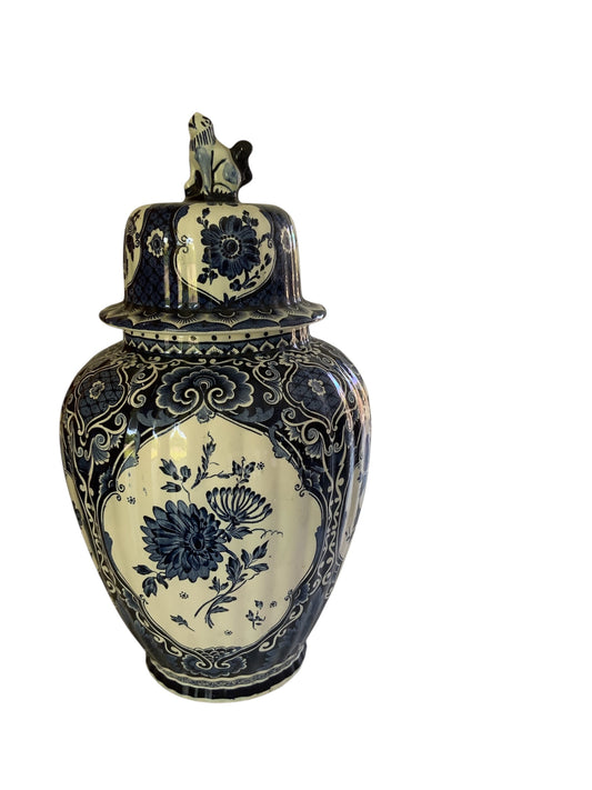 Vintage Boch 18" Royal Sphinx Delft Blue Foo Dog Finial Lidded Ginger Jar Made in Holland 1969-1979