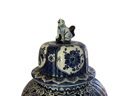 Vintage Boch 18" Royal Sphinx Delft Blue Foo Dog Finial Lidded Ginger Jar Made in Holland 1969-1979