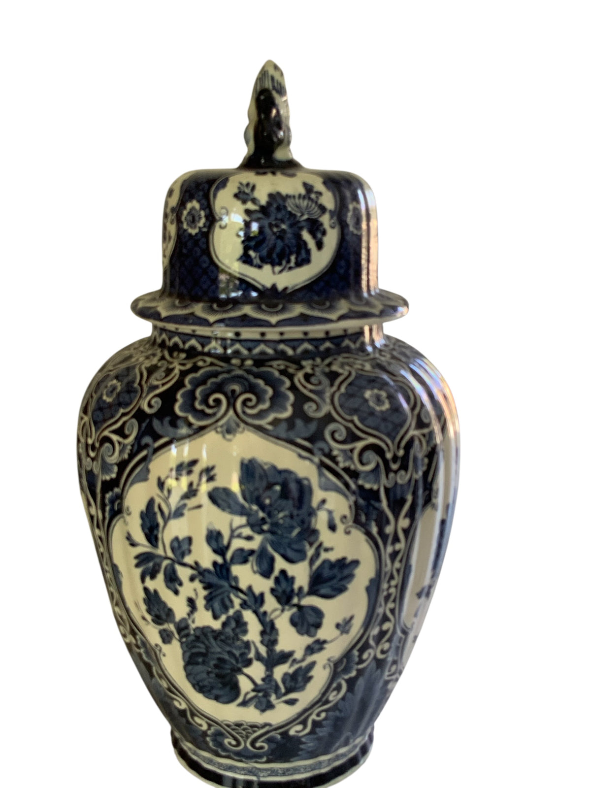 Vintage Boch 18" Royal Sphinx Delft Blue Foo Dog Finial Lidded Ginger Jar Made in Holland 1969-1979