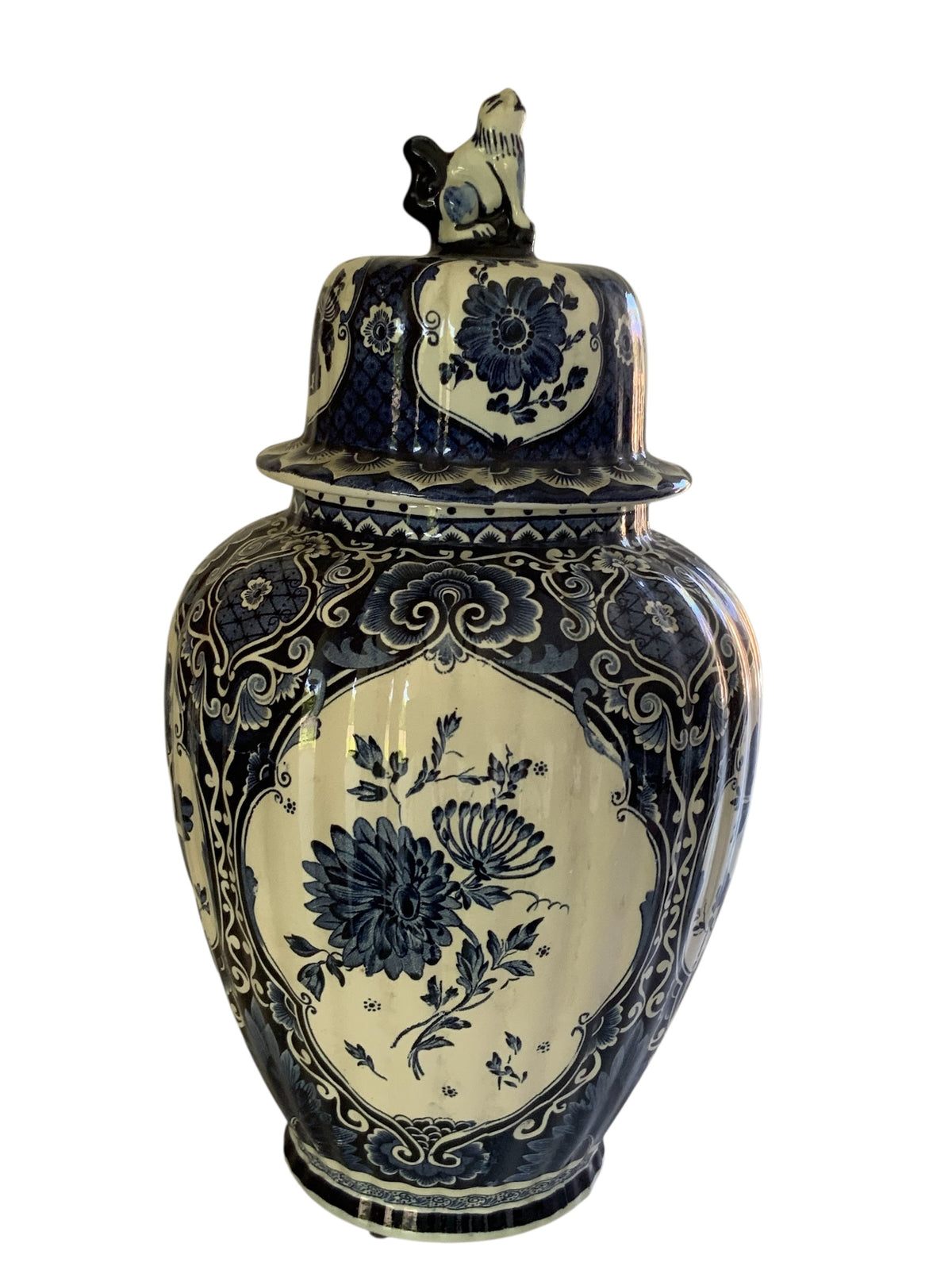 Vintage Boch 18" Royal Sphinx Delft Blue Foo Dog Finial Lidded Ginger Jar Made in Holland 1969-1979