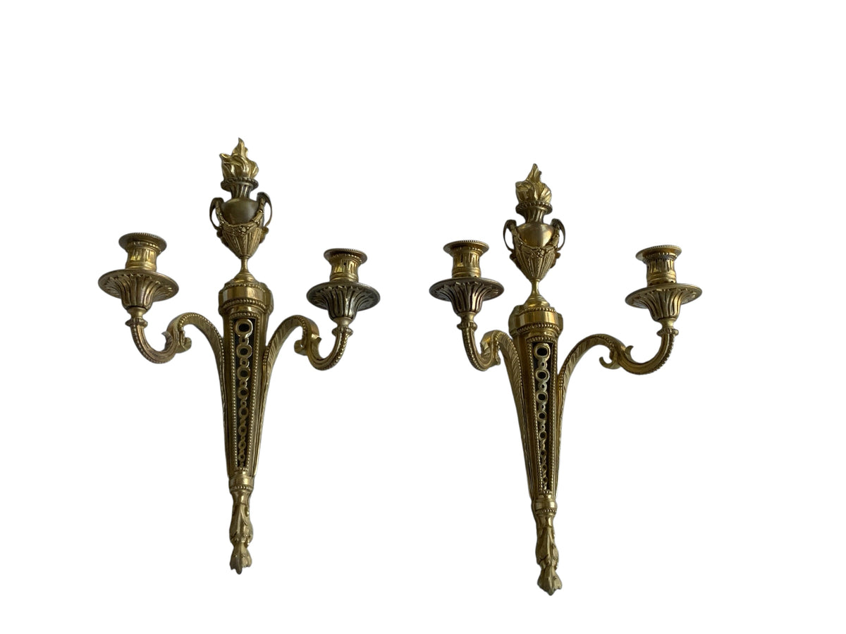 Pair of Antique French Louis XVI Neoclassical Gilt Bronze Ormolu 2 Candelabra Wall Sconces c1860