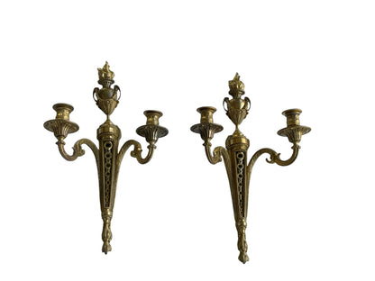 Pair of Antique French Louis XVI Neoclassical Gilt Bronze Ormolu 2 Candelabra Wall Sconces c1860