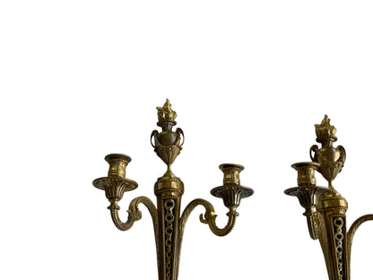 Pair of Antique French Louis XVI Neoclassical Gilt Bronze Ormolu 2 Candelabra Wall Sconces c1860