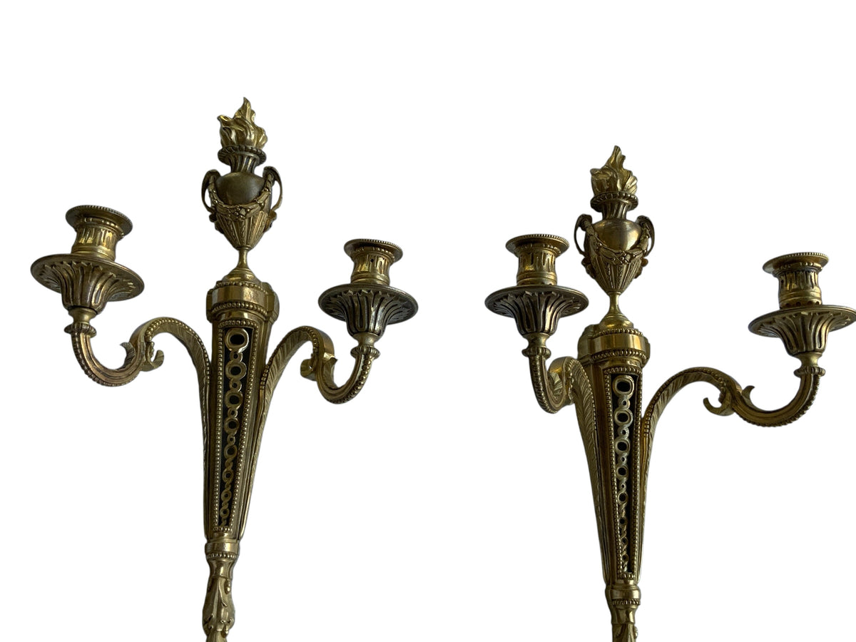 Pair of Antique French Louis XVI Neoclassical Gilt Bronze Ormolu 2 Candelabra Wall Sconces c1860