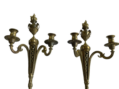 Pair of Antique French Louis XVI Neoclassical Gilt Bronze Ormolu 2 Candelabra Wall Sconces c1860
