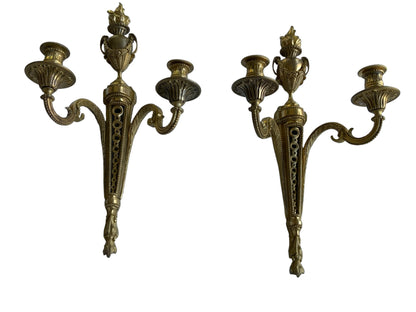 Pair of Antique French Louis XVI Neoclassical Gilt Bronze Ormolu 2 Candelabra Wall Sconces c1860