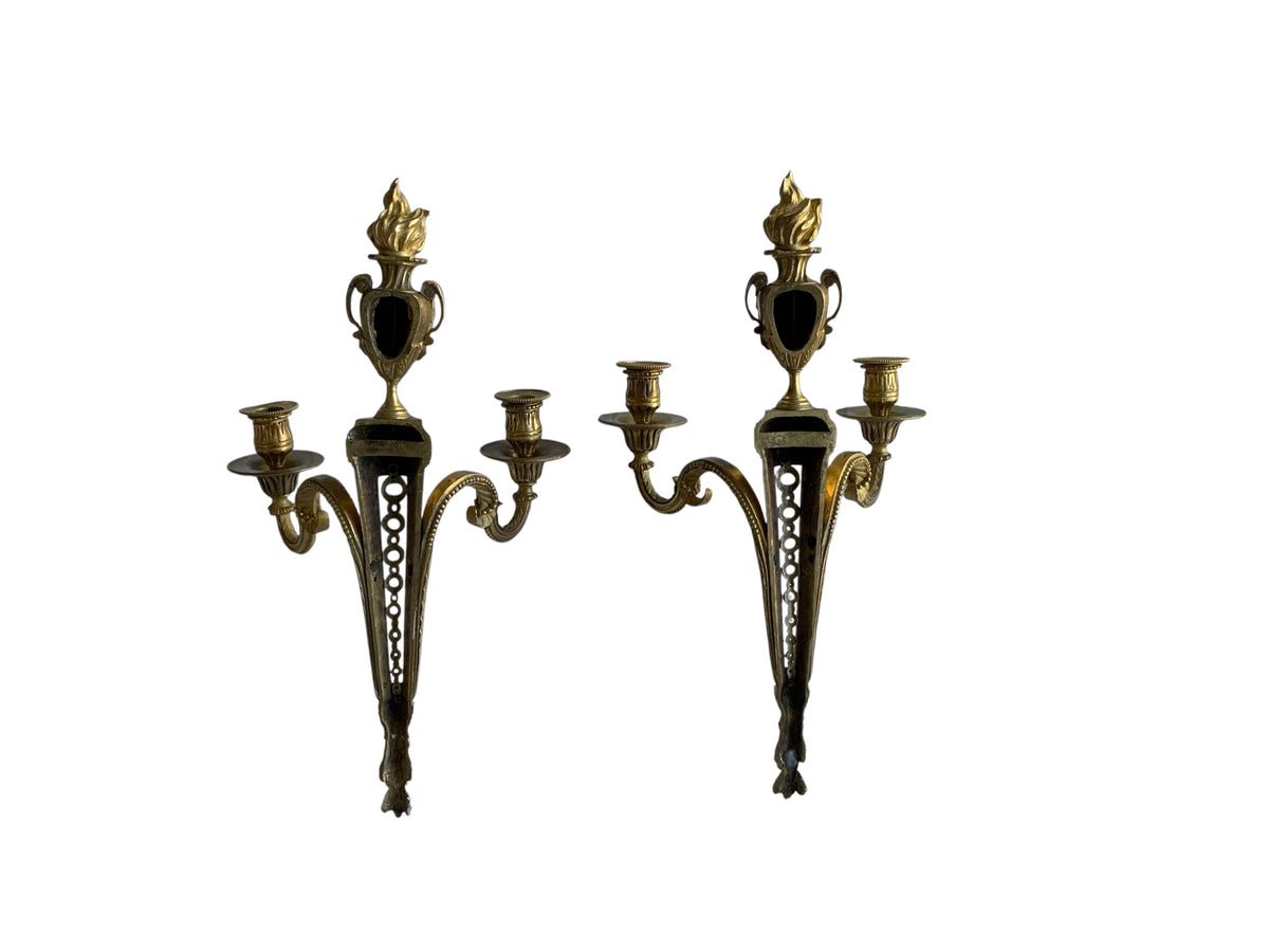 Pair of Antique French Louis XVI Neoclassical Gilt Bronze Ormolu 2 Candelabra Wall Sconces c1860