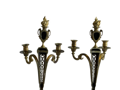 Pair of Antique French Louis XVI Neoclassical Gilt Bronze Ormolu 2 Candelabra Wall Sconces c1860