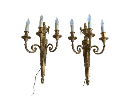 Pair of Antique Louis XVI Style Gilt Bronze 3-Light Sconces France 1920s-1930s