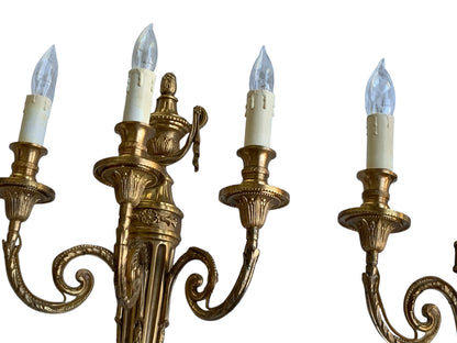 Pair of Antique Louis XVI Style Gilt Bronze 3-Light Sconces France 1920s-1930s