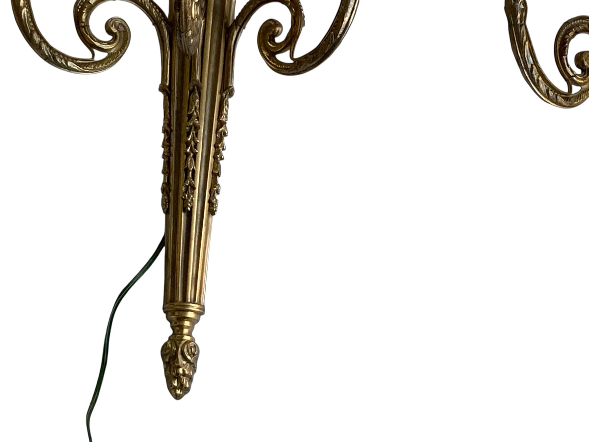 Pair of Antique Louis XVI Style Gilt Bronze 3-Light Sconces France 1920s-1930s