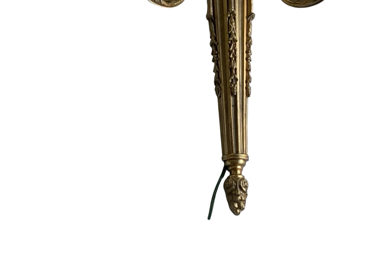Pair of Antique Louis XVI Style Gilt Bronze 3-Light Sconces France 1920s-1930s