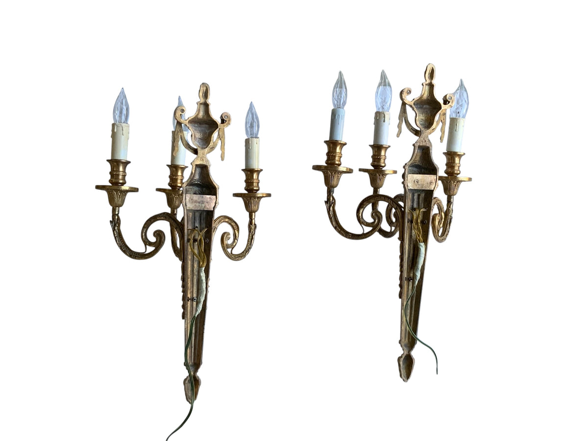 Pair of Antique Louis XVI Style Gilt Bronze 3-Light Sconces France 1920s-1930s