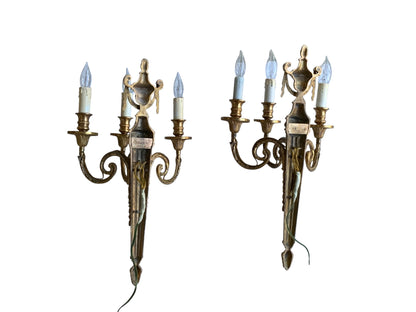 Pair of Antique Louis XVI Style Gilt Bronze 3-Light Sconces France 1920s-1930s