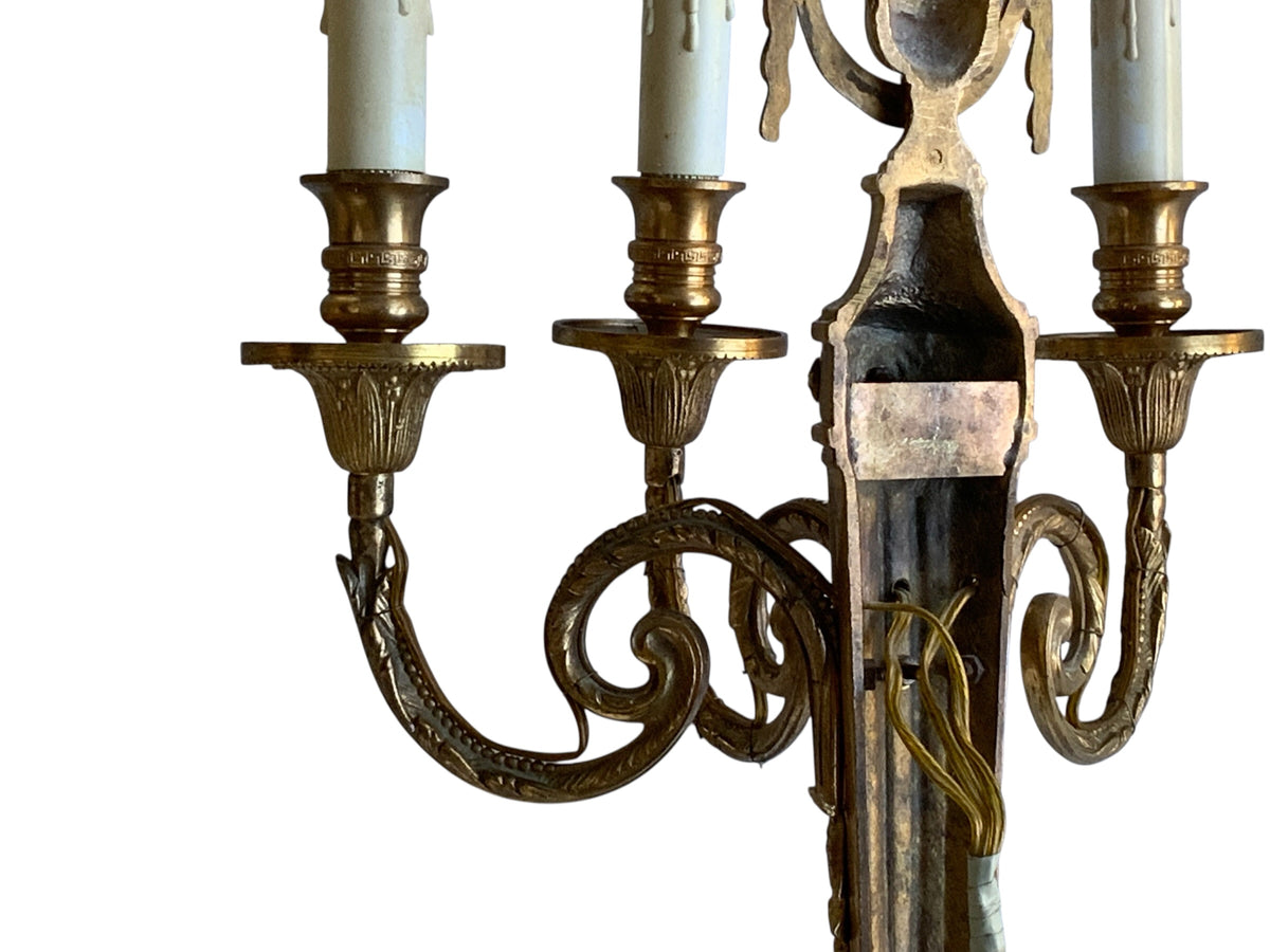 Pair of Antique Louis XVI Style Gilt Bronze 3-Light Sconces France 1920s-1930s