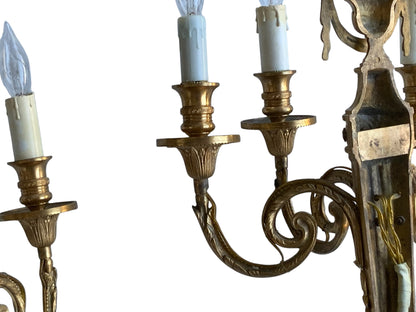 Pair of Antique Louis XVI Style Gilt Bronze 3-Light Sconces France 1920s-1930s