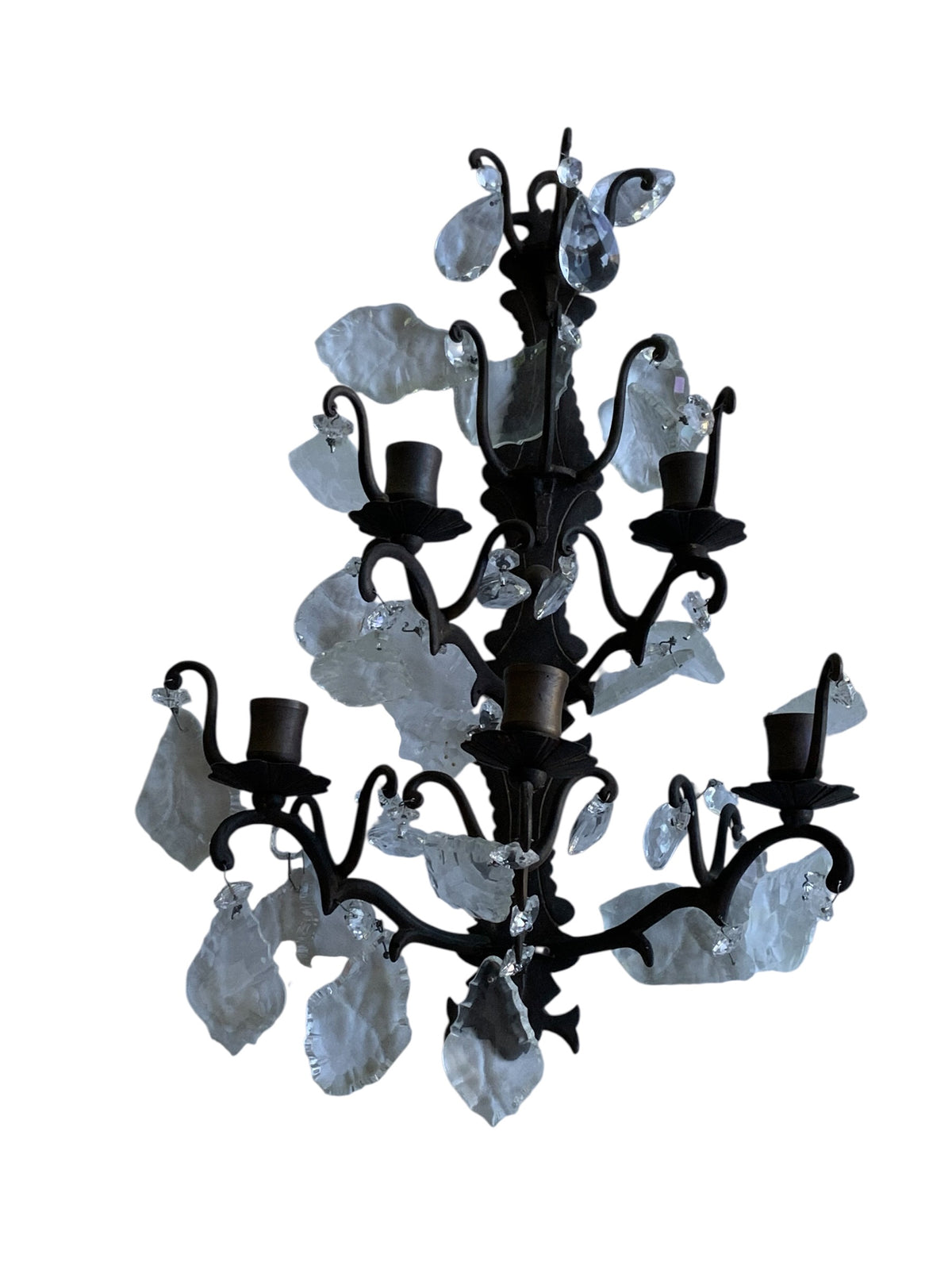 Antique Pair 1920s 5 Arm Candelabra French Italian Rustic Wall Sconces Ornate Wrought Iron w/Crystals