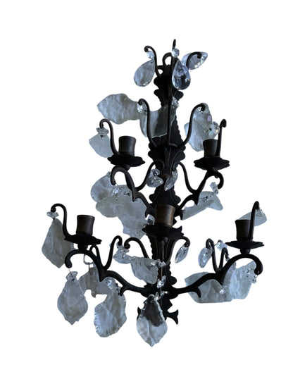 Antique Pair 1920s 5 Arm Candelabra French Italian Rustic Wall Sconces Ornate Wrought Iron w/Crystals