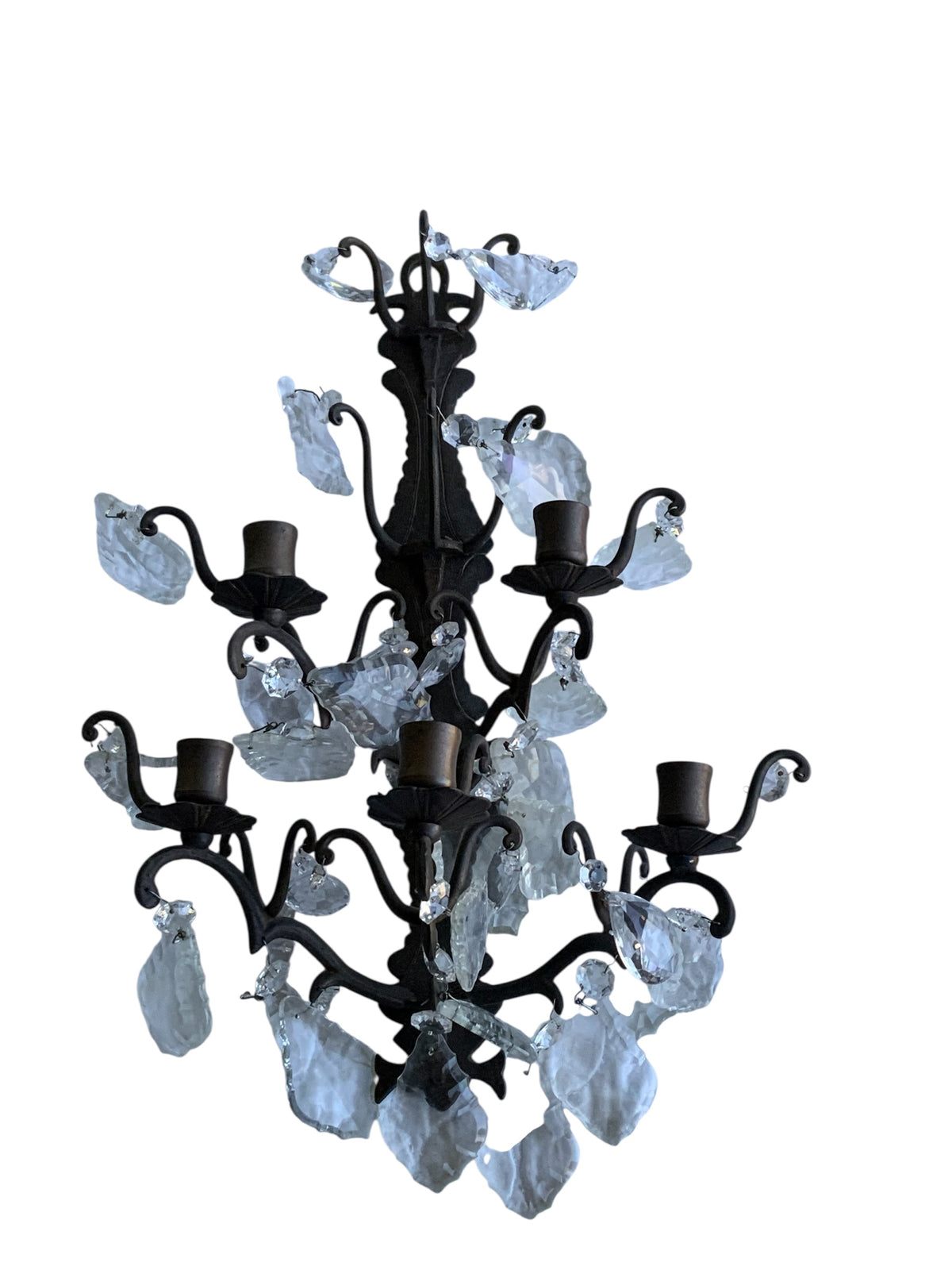 Antique Pair 1920s 5 Arm Candelabra French Italian Rustic Wall Sconces Ornate Wrought Iron w/Crystals